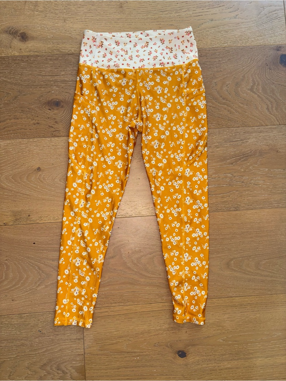 High-Waist Mustard Floral Leggings with Cream Floral Waistband